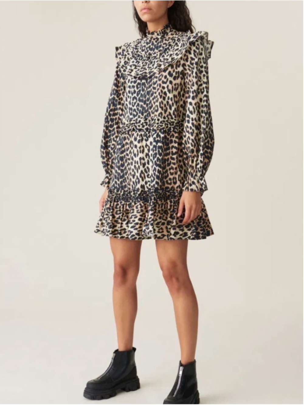 Ganni Printed Cotton Frill Dress, Leopard